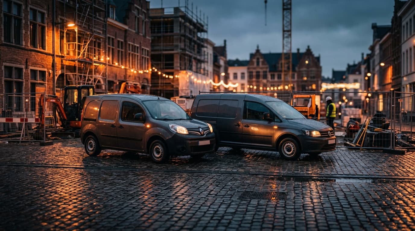 Deux fourgonnettes utilitaires compactes blanches garées côte à côte en zone urbaine