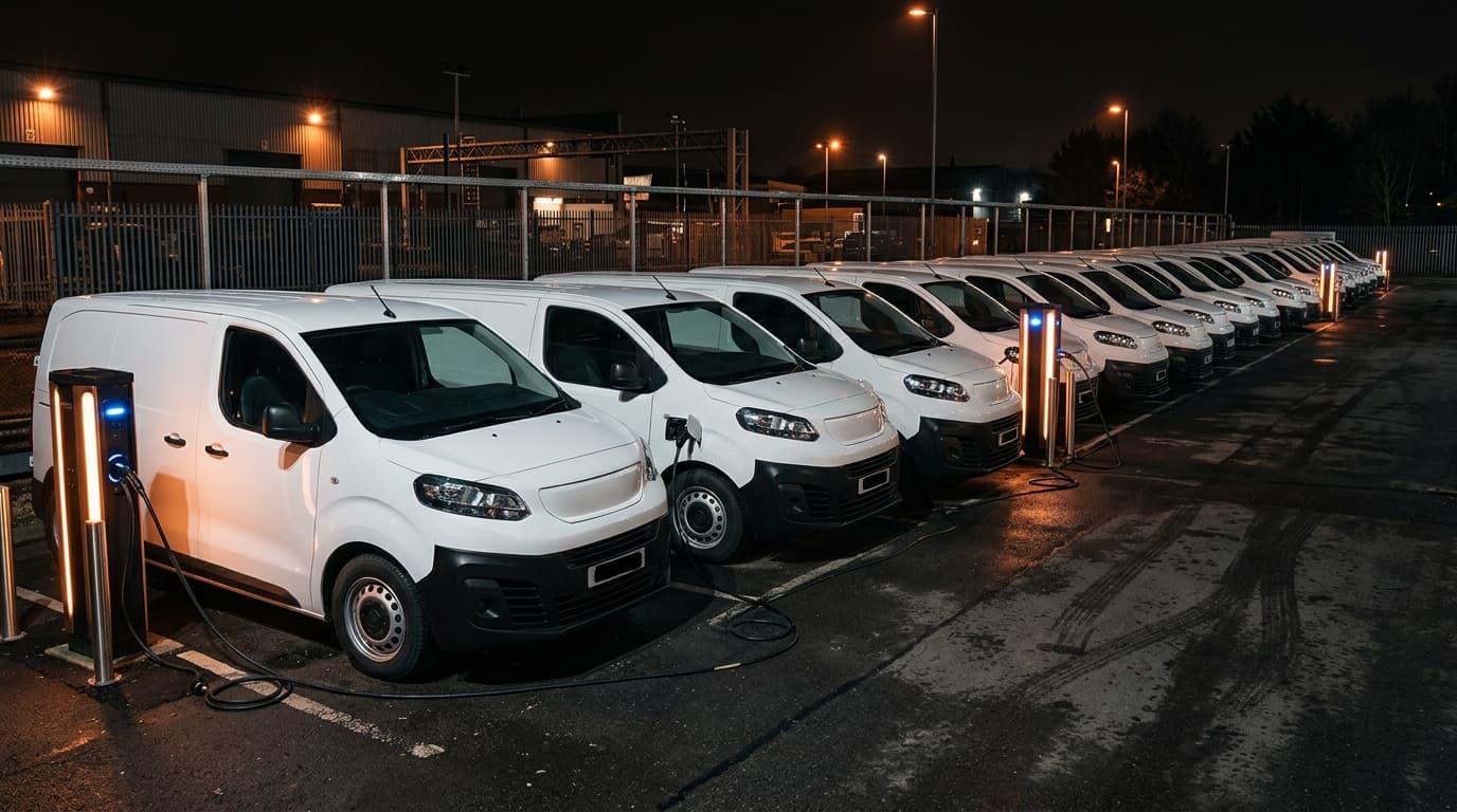 Utilitaires électriques branchés sur des bornes de recharge au dépôt d'une entreprise en Belgique