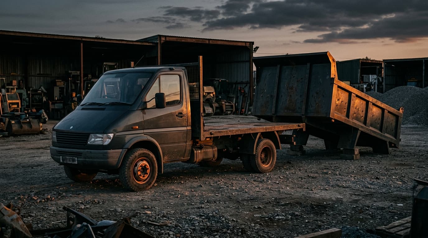 Châssis-cabine utilitaire carrossé en plateau, vu de trois quarts avant sur une aire de chantier