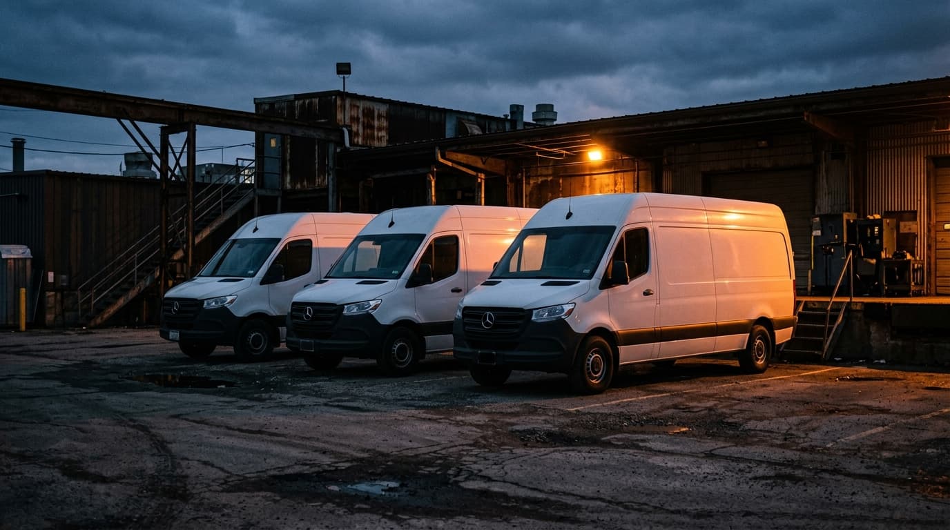 Grands fourgons utilitaires stationnés, portes arrière fermées, avant chargement