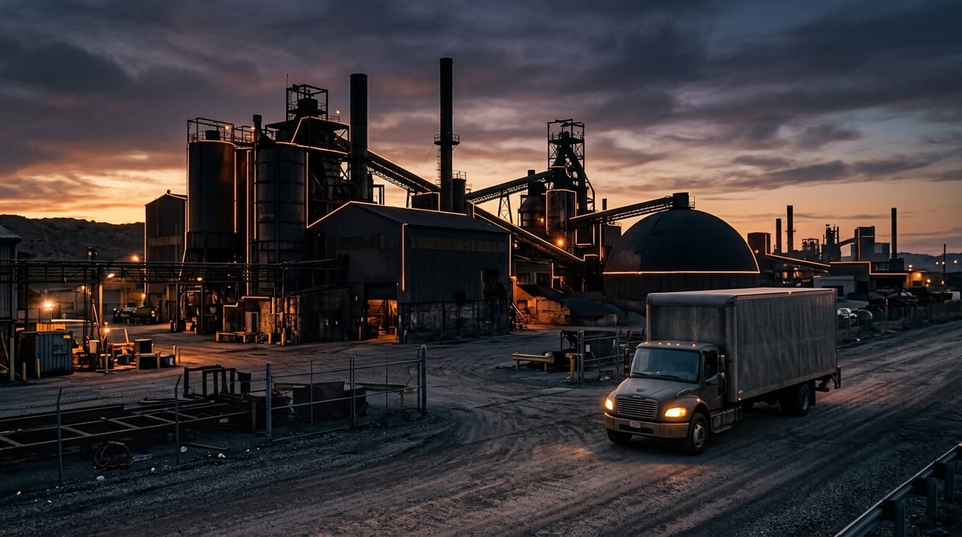 Petit camion à caisse quittant un site industriel au crépuscule, phares allumés